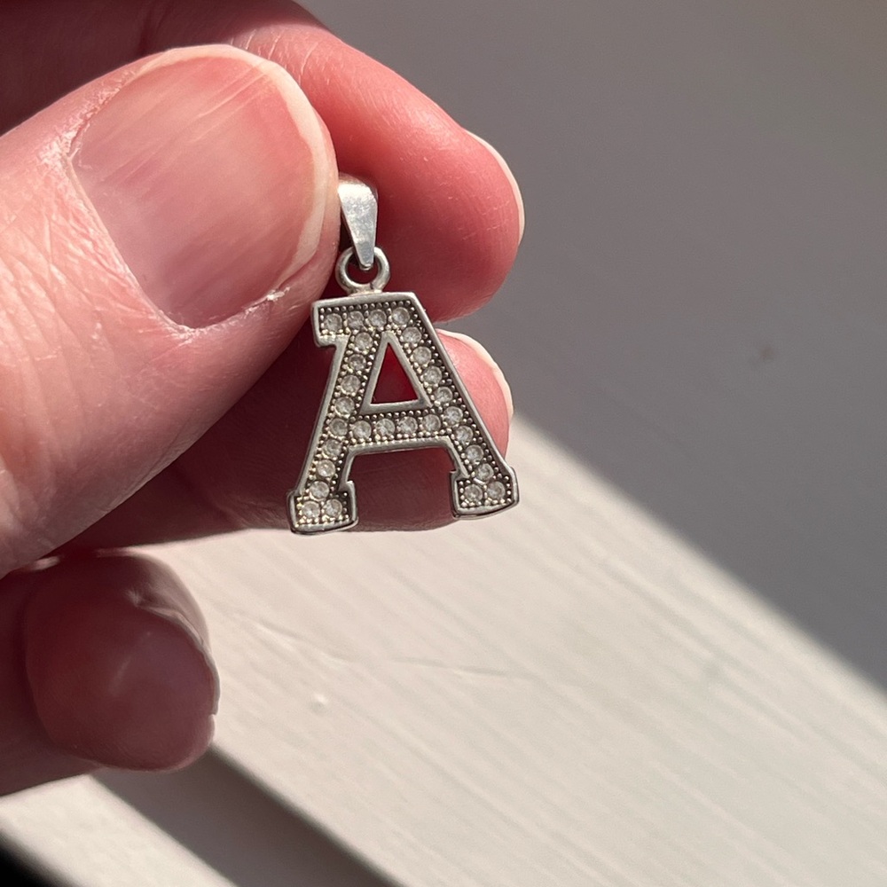 Stamped 925 sterling Silver Initial 'A' Pendant faux diamonds
